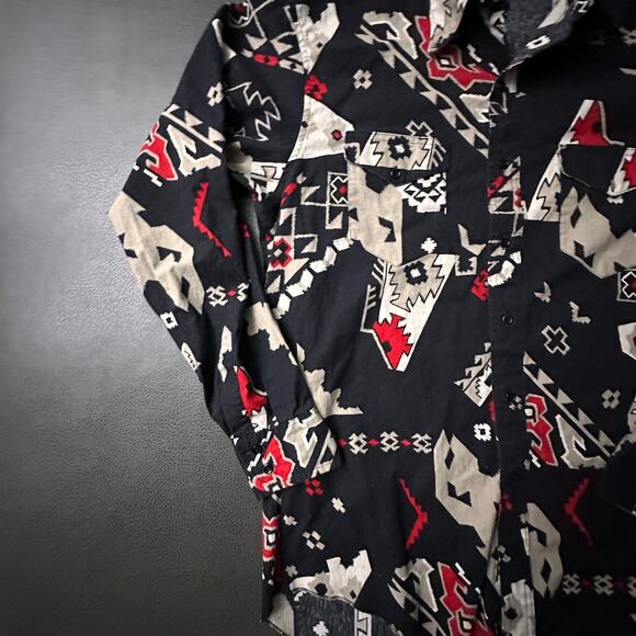 Vintage Wrangler Shirt Mens Large Black Aztec Western Cowboy Cut Y2k Long Tail - Picture 3 of 10